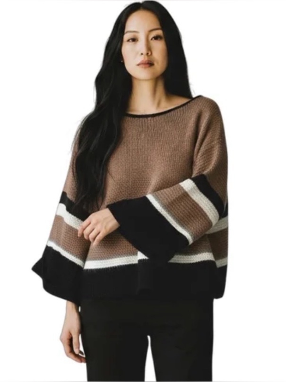 Lumiere Striped Earth Tone Bell Sleeve Knit Sweater size Small.